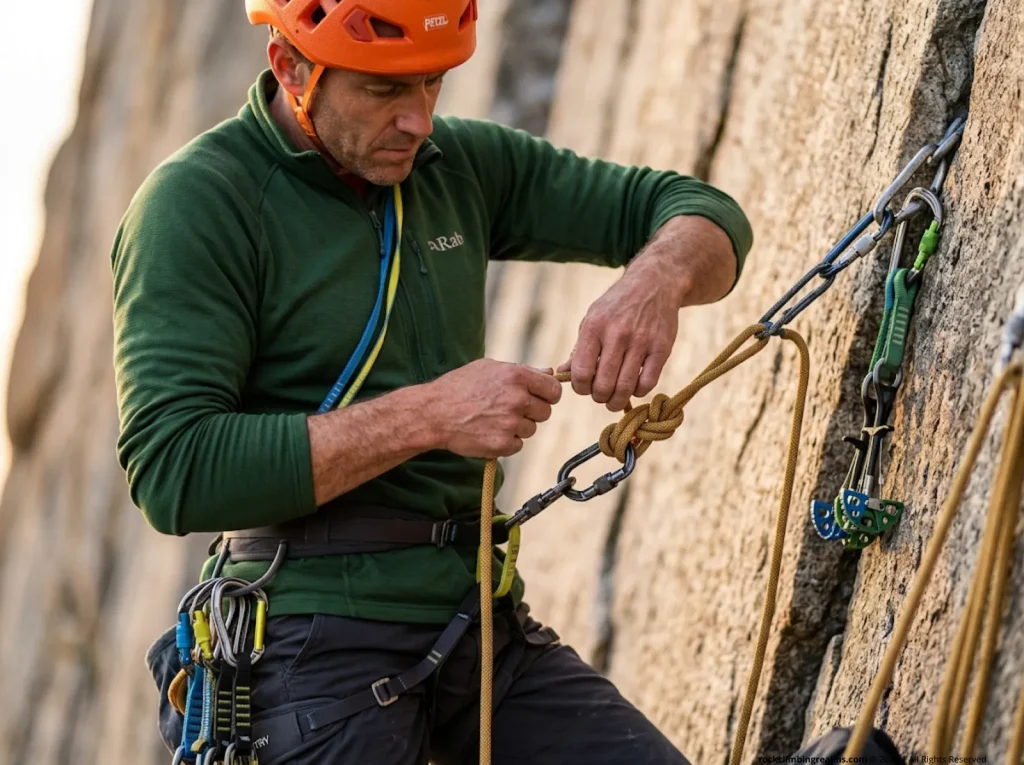 Climber tying Munter-Mule-Overhand knot to escape belay during tandem rappel rescue sequence