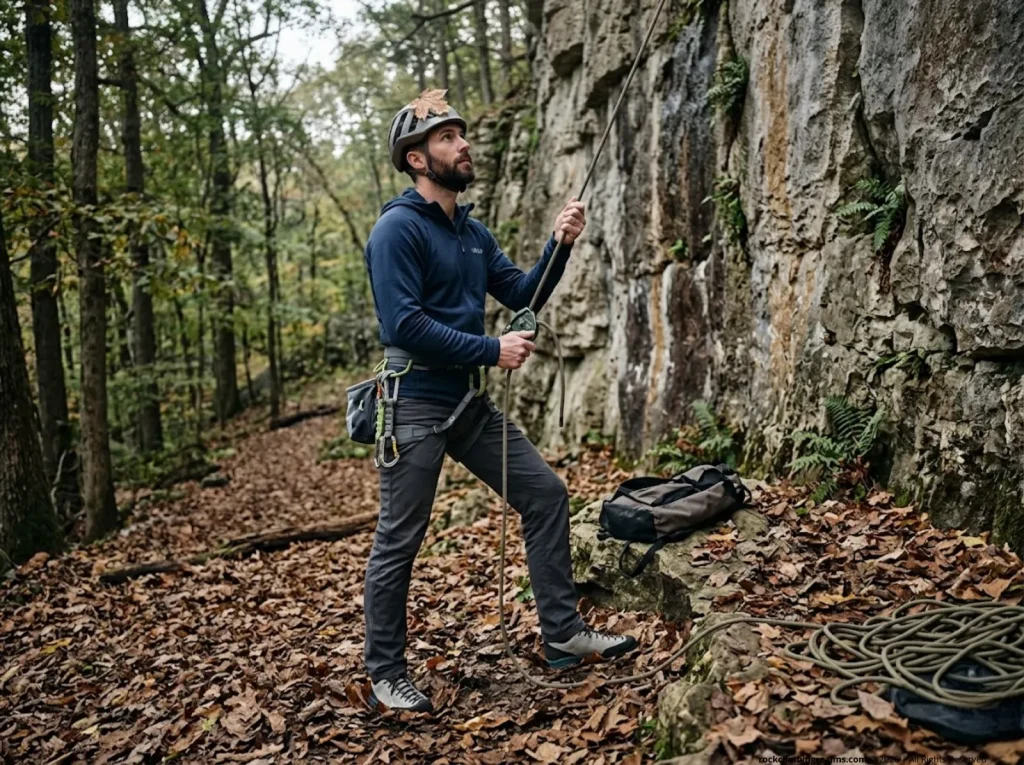 Male belayer standing static in leaf litter at crag base while holding rope on GriGri