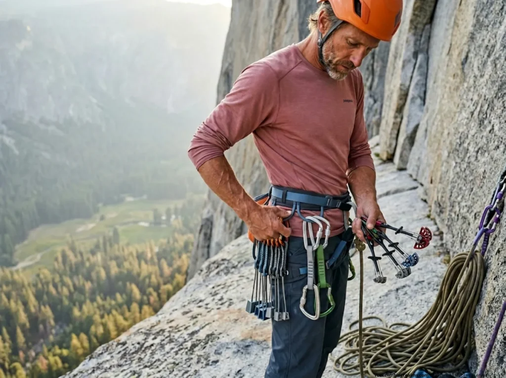 Experienced big wall climber loading full aid rack onto Ocun Weebee harness gear loops on El Cap-style ledge 