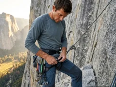 Best Climbing Harness for Big Wall (We Tested 6) Climber adjusting Black Diamond Long Haul big wall harness on granite ledge, Yosemite Valley below