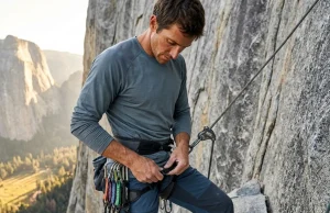 Best Climbing Harness for Big Wall (We Tested 6) Climber adjusting Black Diamond Long Haul big wall harness on granite ledge, Yosemite Valley below