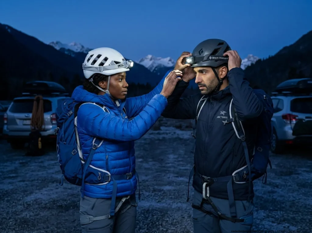 Two climbers adjusting Petzl IKO Core and Black Diamond Spot 400-R headlamps at a mountain trailhead before sunrise 
