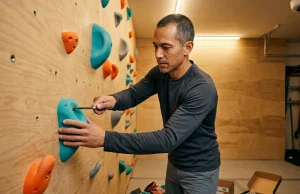Best Climbing Holds for Home Wall (Buyer Traps to Skip) Climber installing Metolius Mega Pack holds on plywood home wall — best climbing holds for home wall 2026
