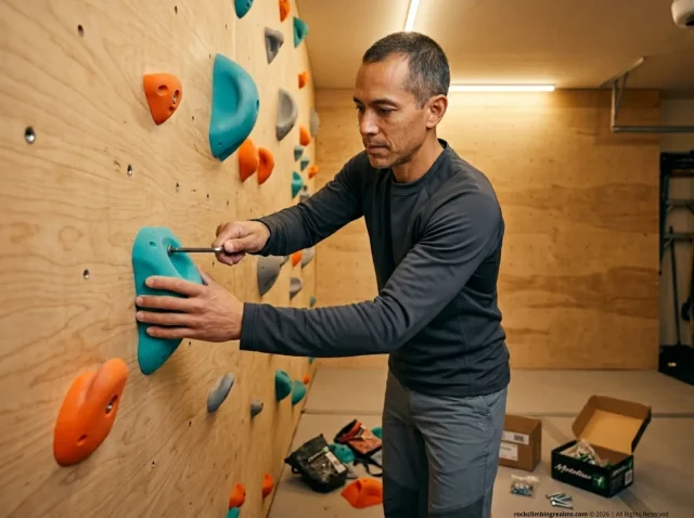 best-climbing-holds-home-wall-installation-hero Climber installing Metolius Mega Pack holds on plywood home wall — best climbing holds for home wall 2026