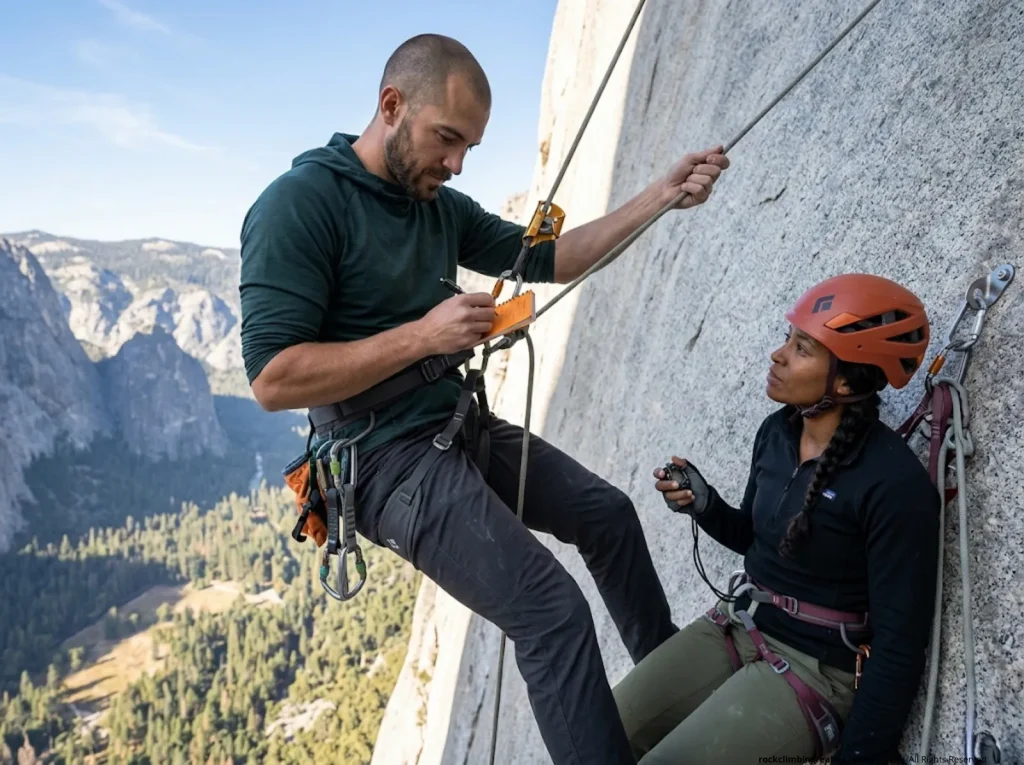 Two climbers field-testing big wall harnesses on granite wall — one hanging from fixed line taking notes 