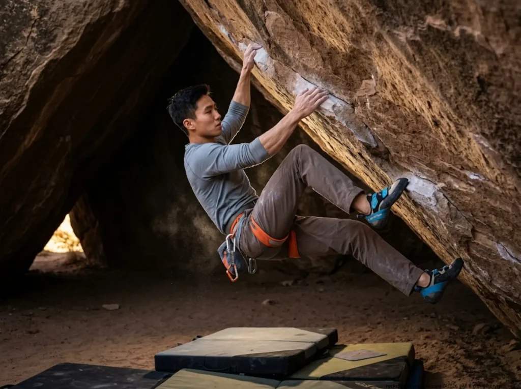 Boulderer performing a perfectly balanced knee-to-sky lockoff, proving biomechanical mastery is part of a realistic plan.