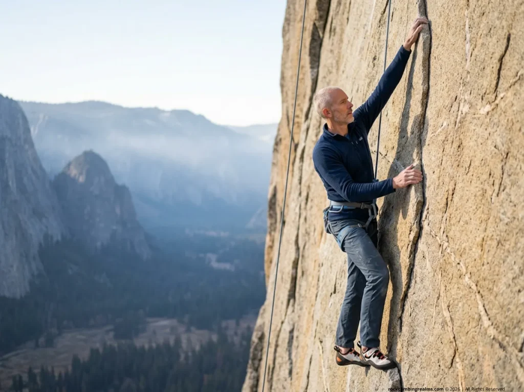Climber demonstrating proper body position rest mechanics — hips close to wall, straight arm skeletal loading
