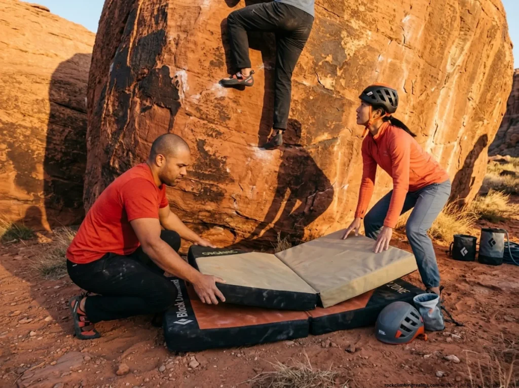 Climbers setting up overlapping crash pads at sandstone boulder with spotter watching in desert 