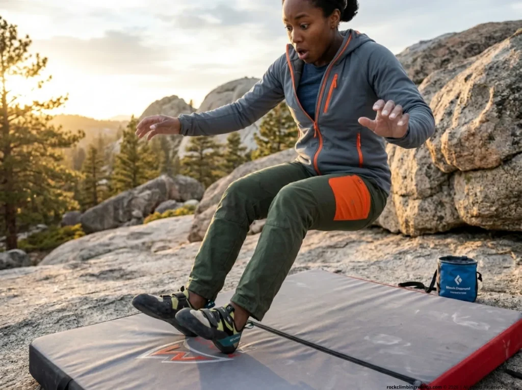 Female boulderer landing on crash pad with straight locked knees showing dangerous fall mistake 