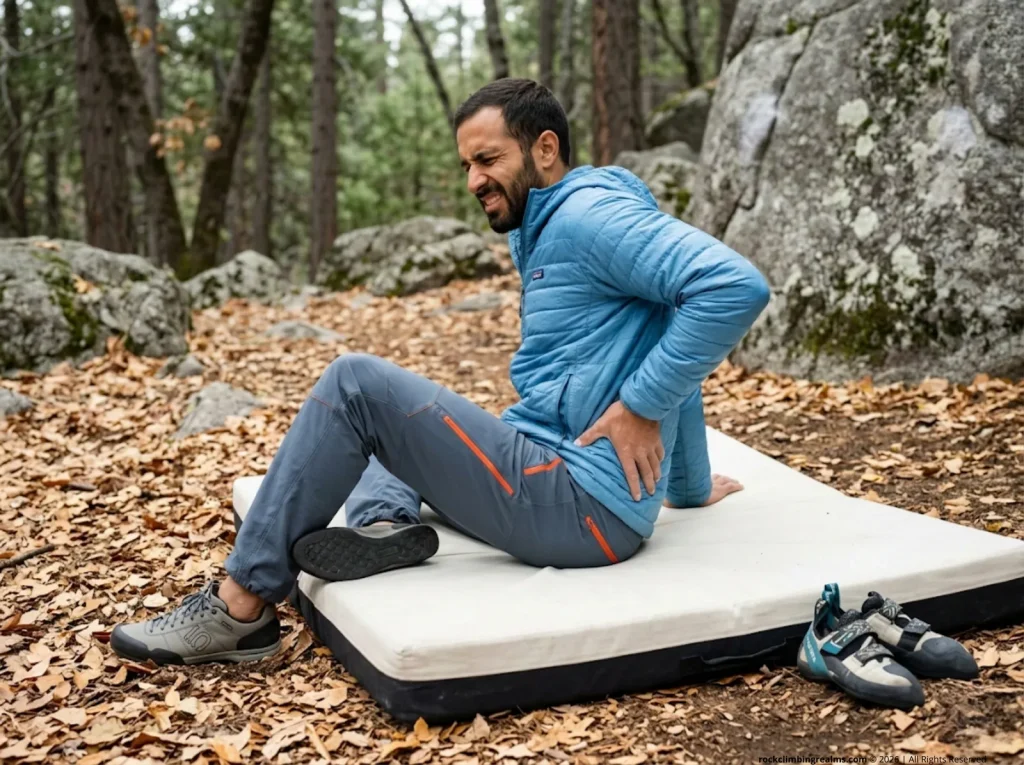 Male boulderer sitting rigid on crash pad after tailbone landing showing failed roll technique  
