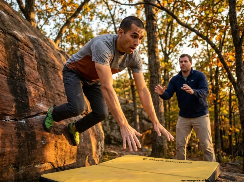 Boulderer falling with outstretched arms showing dangerous bracing technique at sandstone crag 