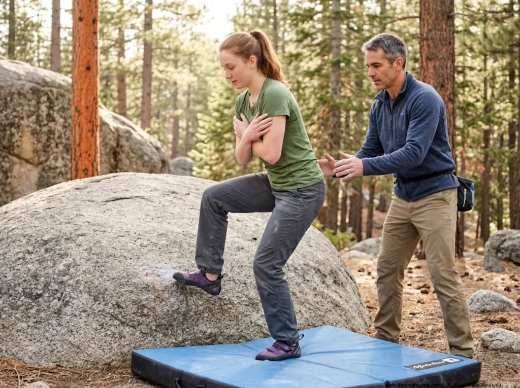 Female climber practicing deliberate fall drills with instructor at outdoor granite boulder 
