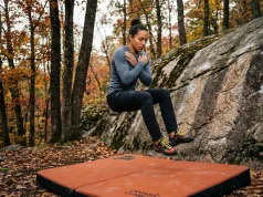 3 Bouldering Fall Mistakes That Send You to the ER Female boulderer mid-fall with T-Rex arms over crash pad at forest granite crag