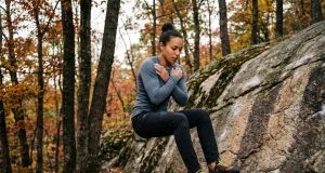 3 Bouldering Fall Mistakes That Send You to the ER Female boulderer mid-fall with T-Rex arms over crash pad at forest granite crag