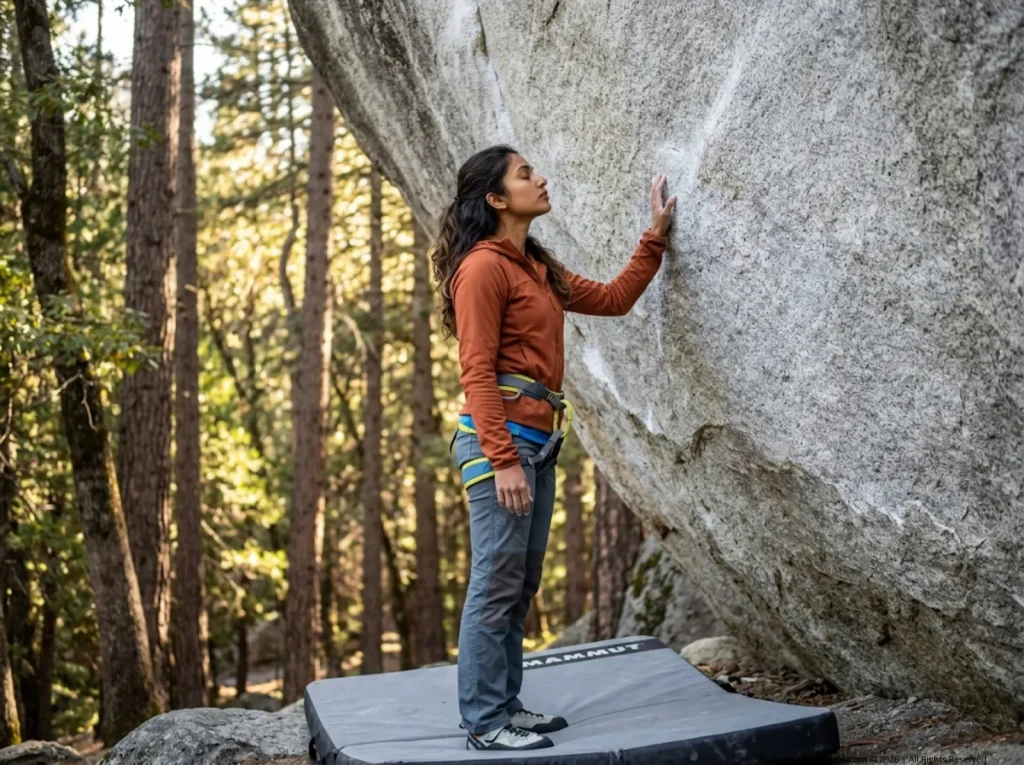 Female climber meditating at base of tall granite boulder doing mental fall rehearsal before attempt     