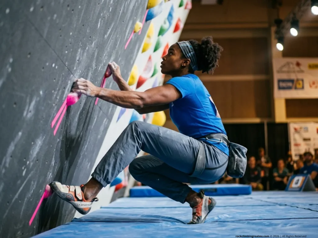 Climber establishes four-point start position on taped holds at indoor bouldering competition