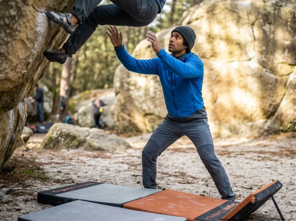 Attentive climber spotting a boulder problem in Fontainebleau forest with crash pad properly positioned