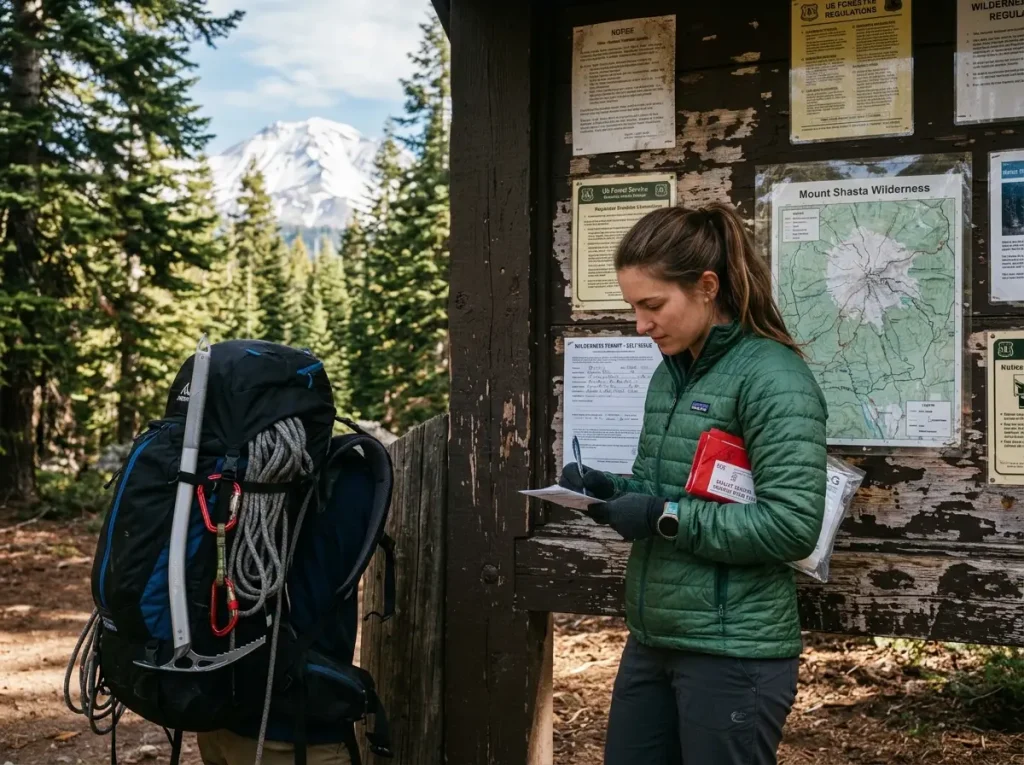 Climber self-issuing a wilderness permit at the Bunny Flat trailhead kiosk on Mount Shasta