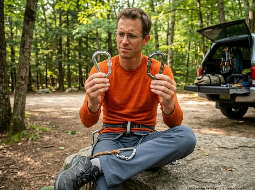 Climber comparing Petzl Attache HMS and Black Diamond carabiner shapes for Munter hitch and redirect use during lowering