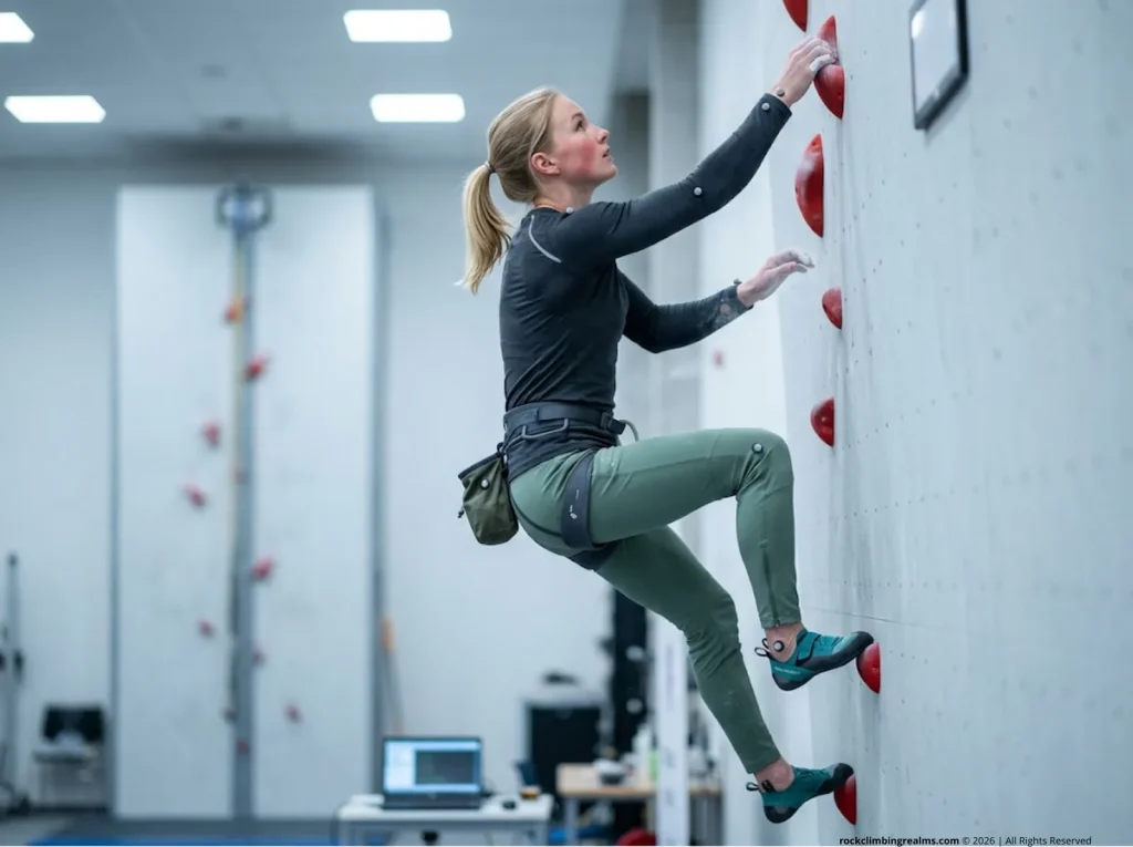 Female speed climber demonstrating optimal Center of Mass trajectory near the top of an IFSC speed wall with motion capture markers in Mad Rock Remora slippers