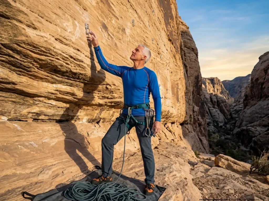 Experienced climber at base of desert sport route illustrating PARC Act fixed anchor access protection