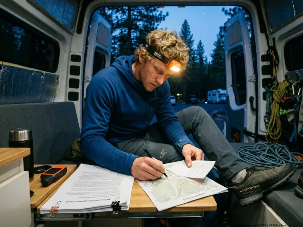 Climber reviewing NEPA land management documents and GPS data before an access meeting