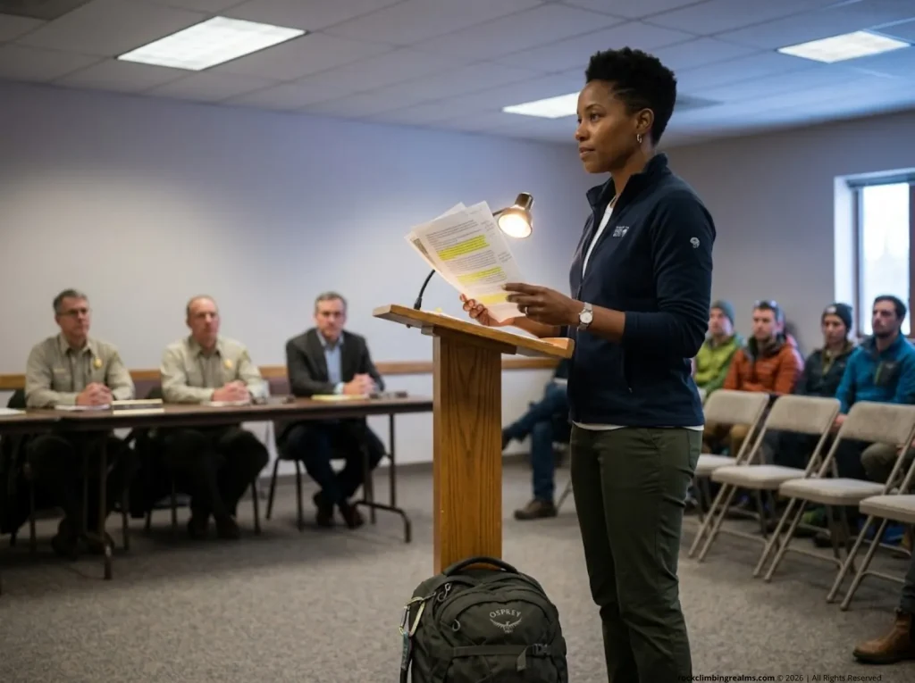 Black female climber delivering substantive public testimony at NPS climbing access hearing