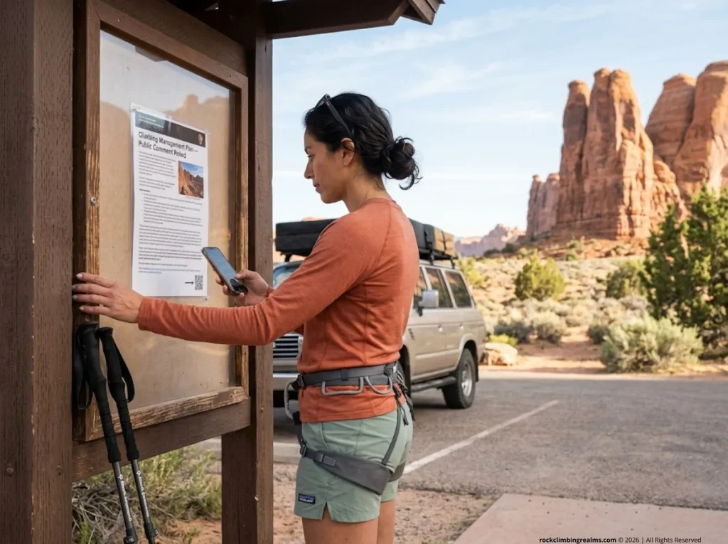Female climber reading NPS climbing management plan notice at desert trailhead kiosk