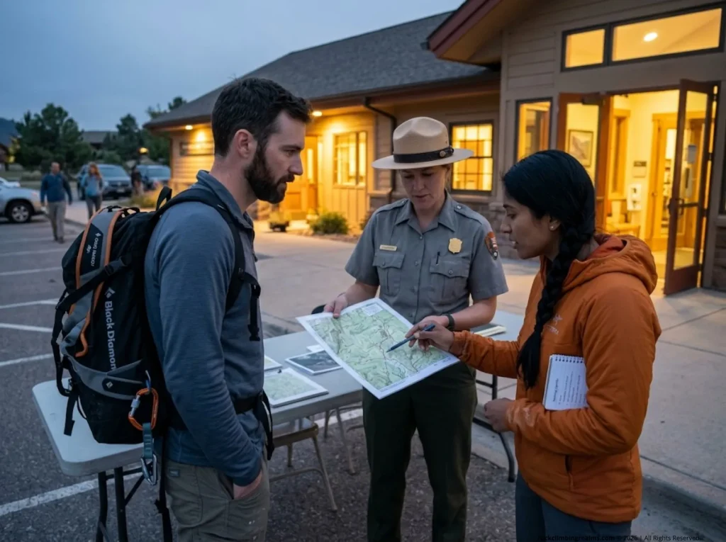 Climbers building rapport with NPS land manager during post-meeting crag-side conversation