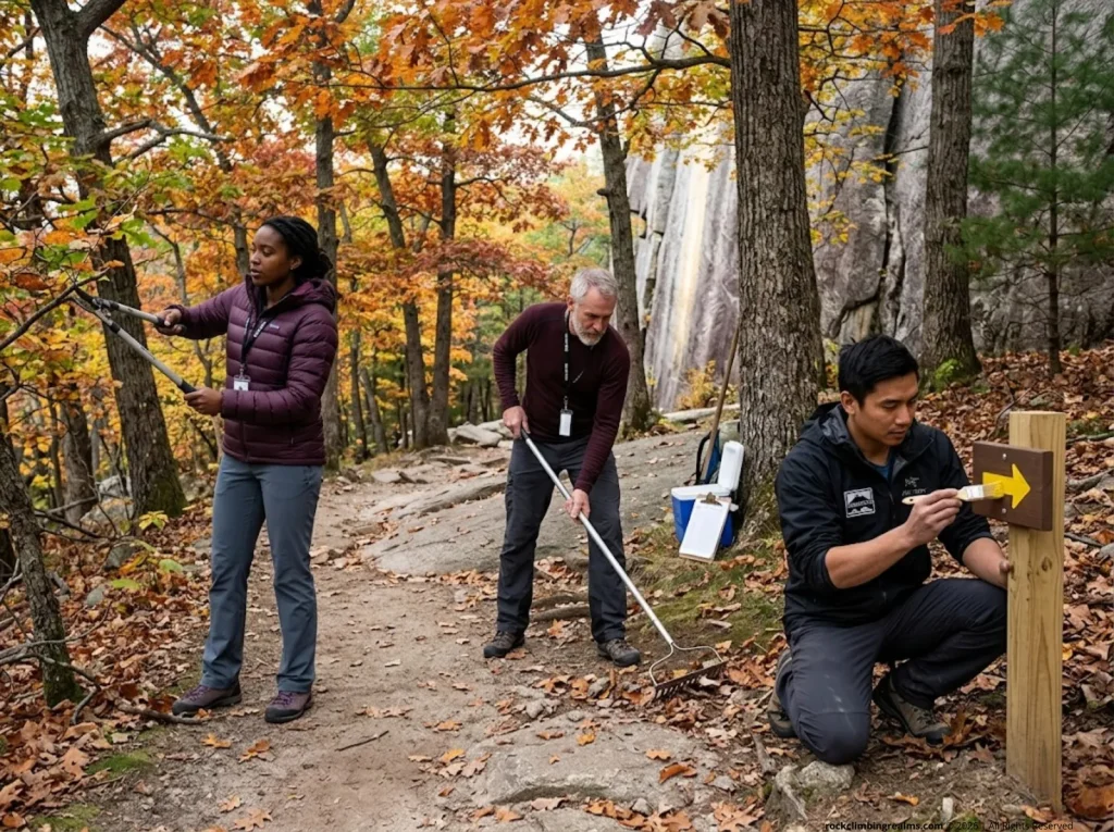 Climbing advocates doing crag stewardship trail maintenance for Access Fund community 