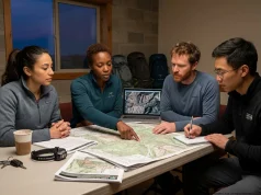 How to Attend a Climbing Access Meeting That Wins Climbers reviewing topo maps at an LCO board meeting to protect crag access