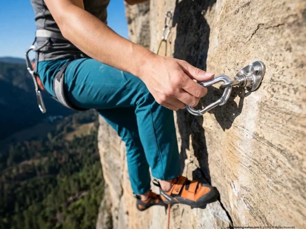 Climber clipping stainless steel bolt on rock wall