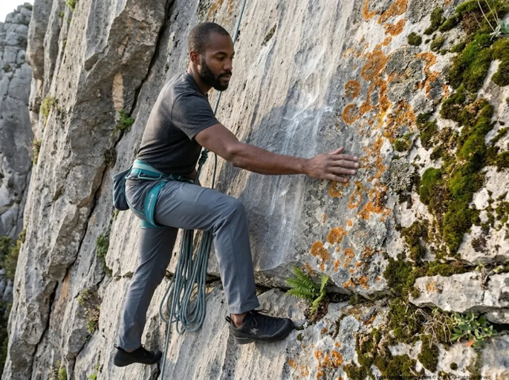 Climber observing lichen and bryophyte communities on limestone cliff face showing biological impact zones