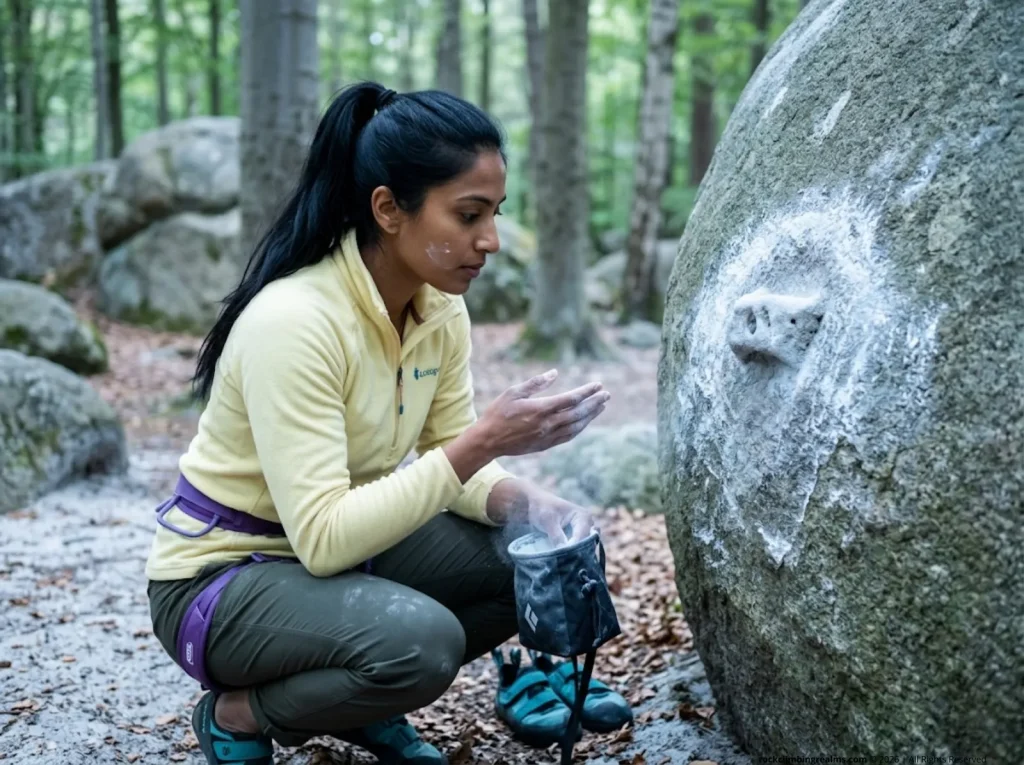 Climber applying chalk showing white magnesium carbonate residue accumulation on granite rock surface