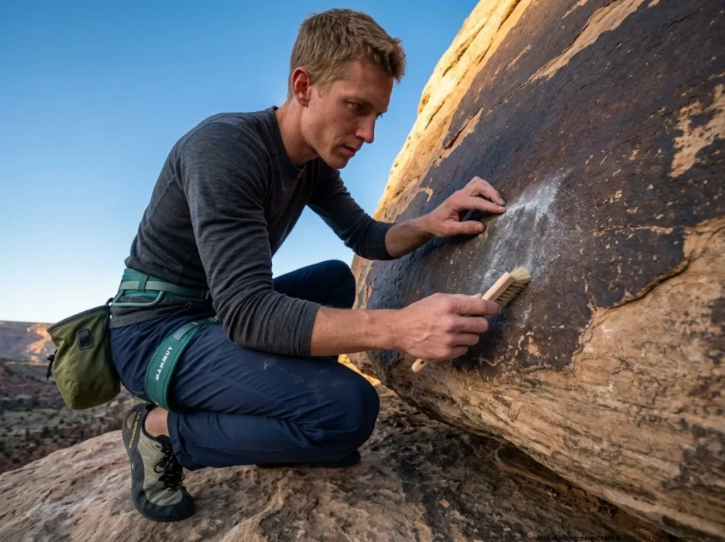 Climber examining chalk buildup on dark rock varnish on desert sandstone with a soft brush