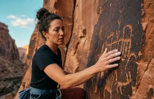 The Chalk Mistake That Destroys Rock Art Forever Climber's chalk-dusted hand pausing over ancient petroglyphs on sandstone at Indian Creek