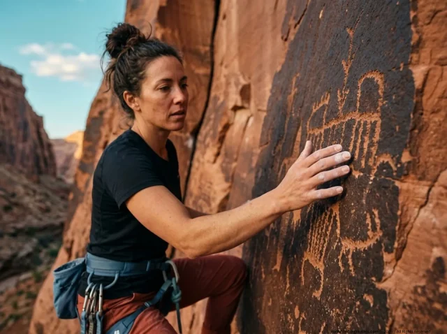 climbing-chalk-rock-art-preservation-hero Climber's chalk-dusted hand pausing over ancient petroglyphs on sandstone at Indian Creek