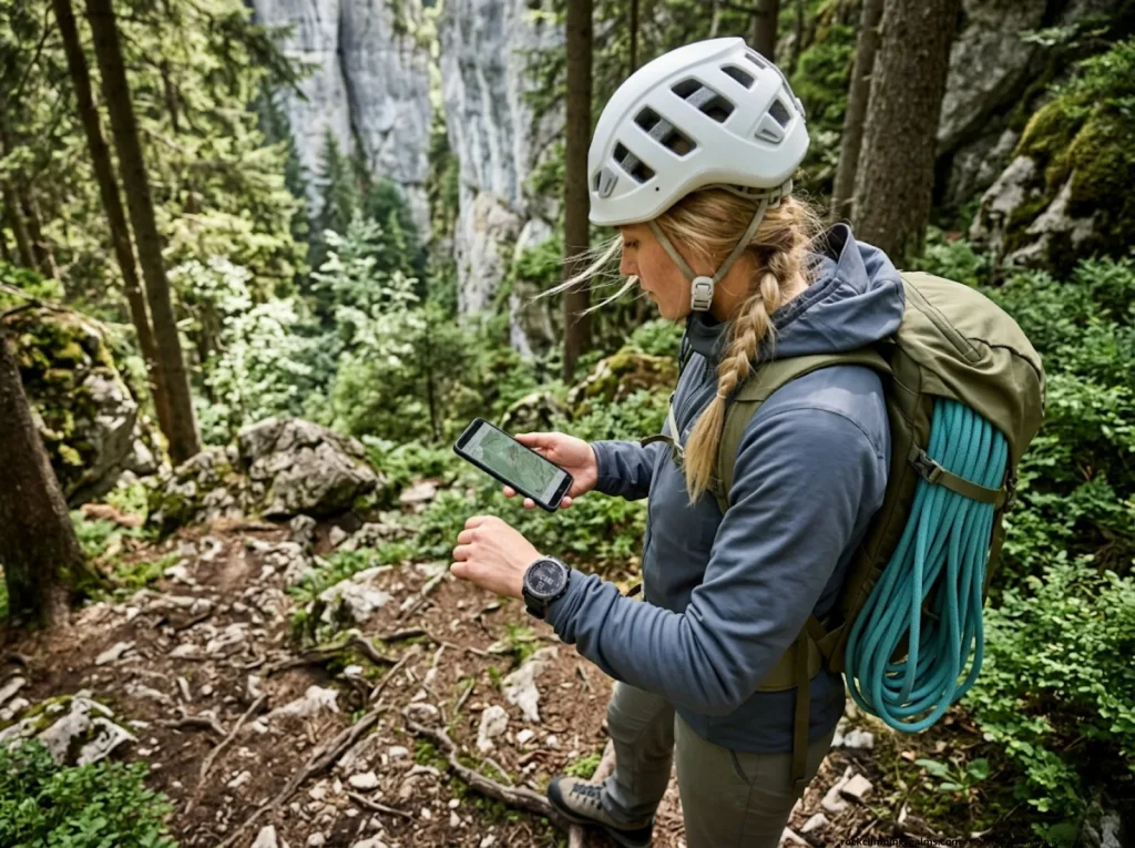Climber navigating approach trail to the crag using a GPS app and smartwatch.
