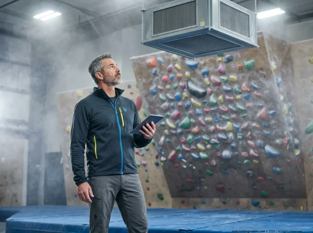 Climbing gym manager inspecting overhead air filtration system above a bouldering wall 