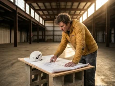 How to Start a Climbing Gym Business Plan (Real CapEx Data) Climber reviewing climbing gym blueprints in an empty industrial warehouse for a business plan