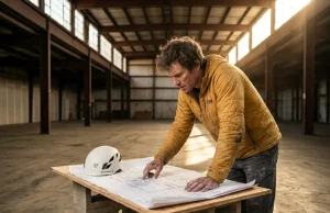 How to Start a Climbing Gym Business Plan (Real CapEx Data) Climber reviewing climbing gym blueprints in an empty industrial warehouse for a business plan