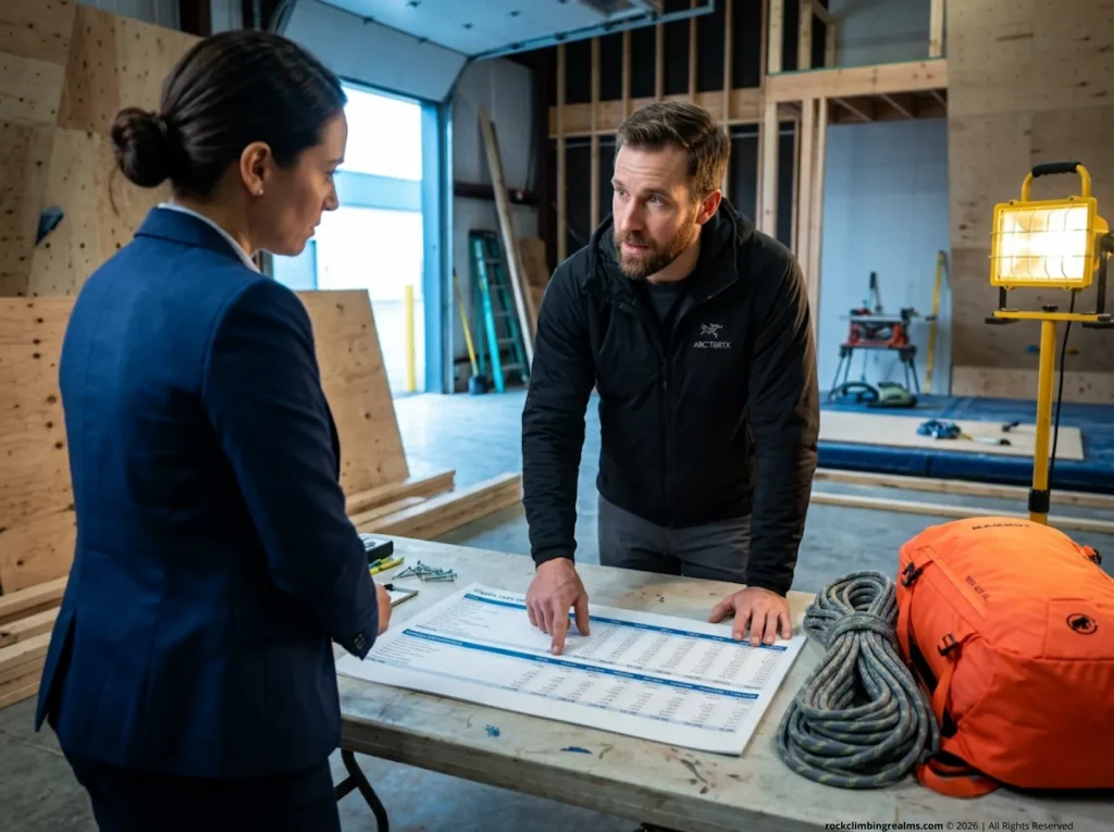 Climbing gym founder pitching a business plan to a loan officer in a construction zone