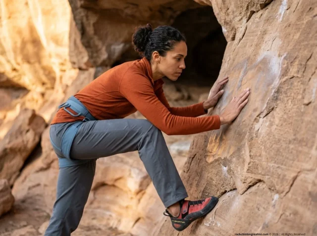 climbing-impact-on-rock-erosion-science-hero Climber examining polished sandstone surface showing wear from repeated ascents at a busy crag