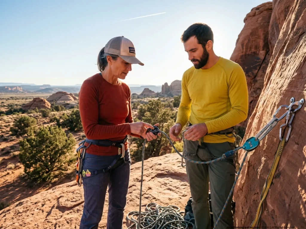 Climbing instructor coaching student through rappel setup reducing human error likelihood