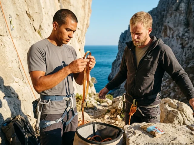 climbing-partner-check-kalymnos-limestone Two climbers performing a partner check at a limestone crag before roping up while traveling