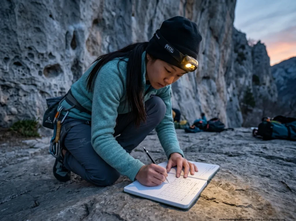 Female climber writing likelihood and severity scores in field notebook at limestone crag base