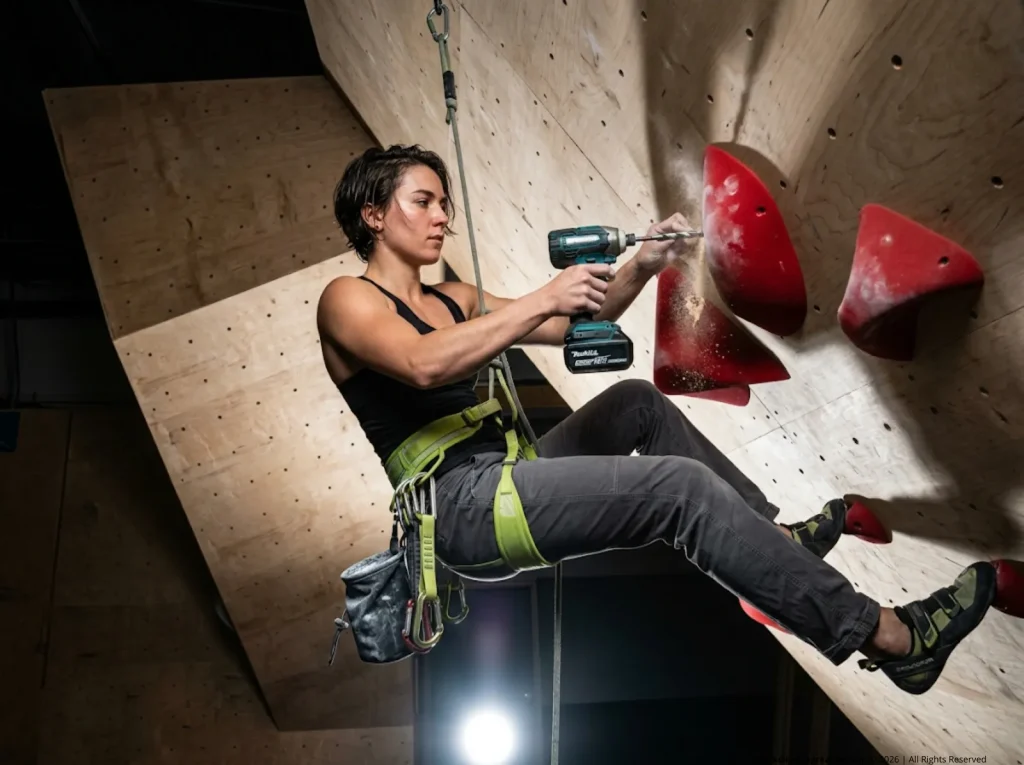 Female climbing routesetter installing grips on a steep gym wall with an impact driver
