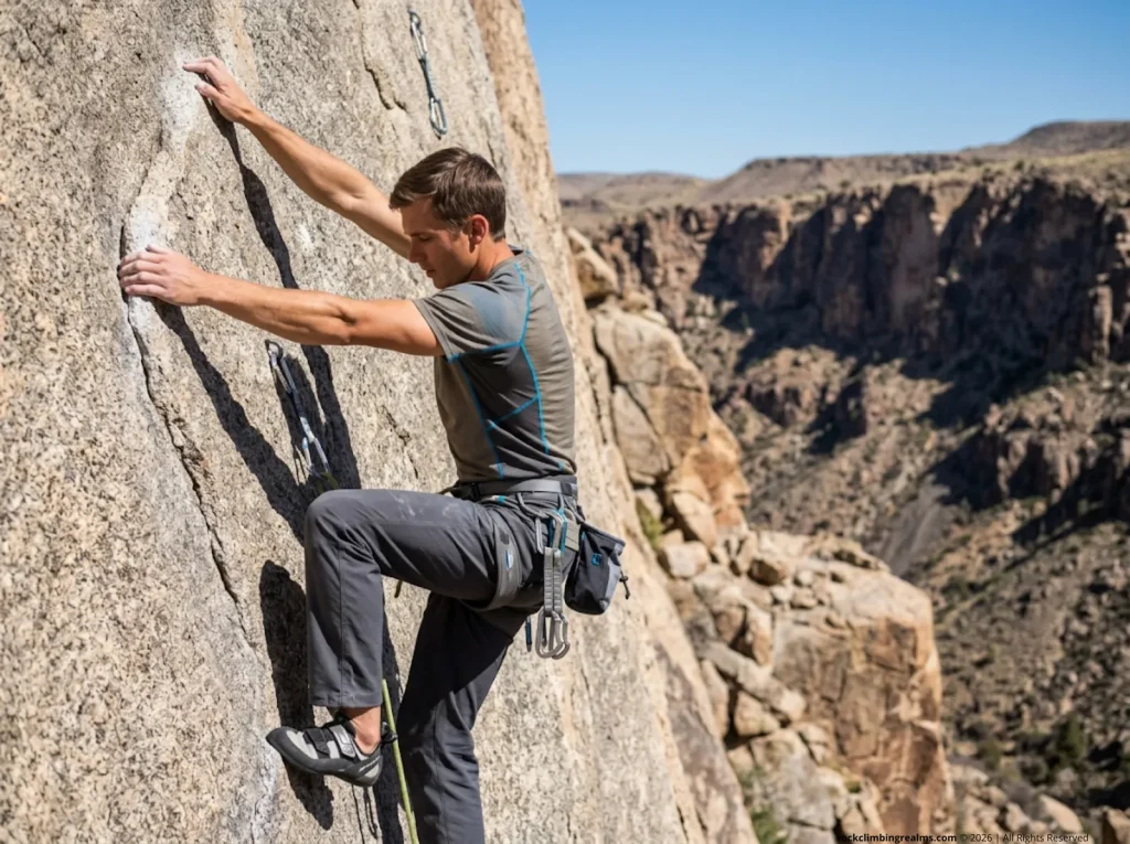 Rock climber in gaston position on granite wall demonstrating the shoulder abduction mechanics that cause dislocation