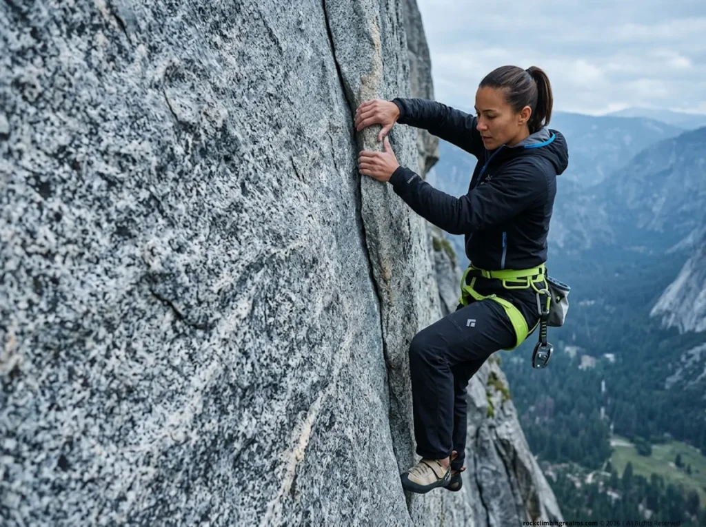 Female climber performing a Gaston move on granite face, showcasing shoulder mechanics under load 