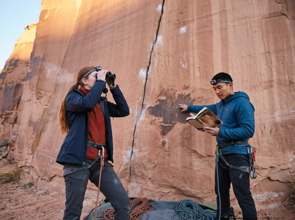 Two climbers performing a pre-climb 360-degree scan of sandstone wall to check for cultural heritage features before climbing